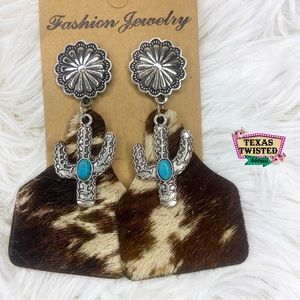 Dark Brown Leather Cowhide Ear Tag Cactus Turquoise Stone Western Drop Earrings